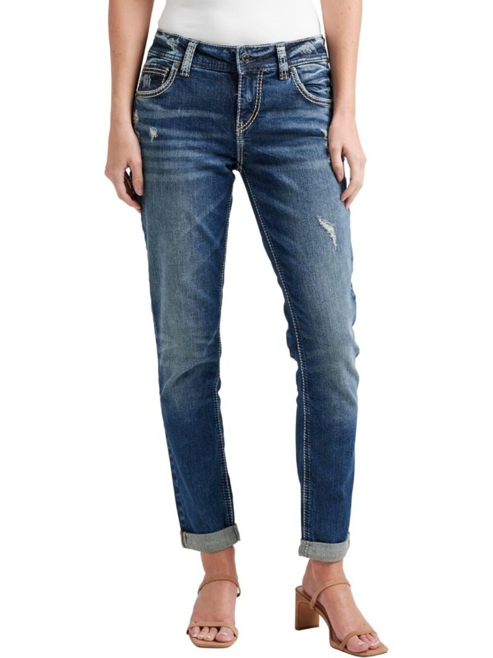 Mid Rise Skinny Jeans for Women | Silver Wash Girlfriend Fit | Trendy Denim